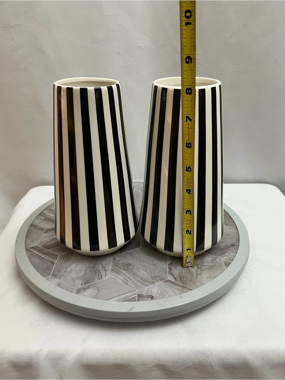 Modern Black White Striped Ceramic Bud Vases Set Of 2 Minimalist Decor 9.5”
